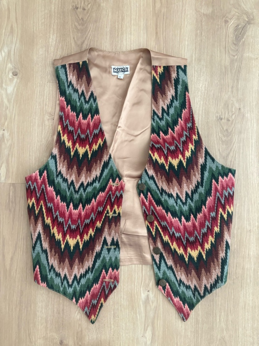 Vtg 90’s Match Multicolor Chevron Woven Vest in Green, Red, Yellow